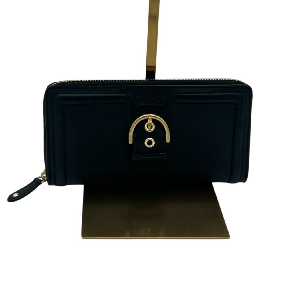 Coach‎ Black Campbell Leather Zip Around Wallet Buckle Accent Designer Vintage